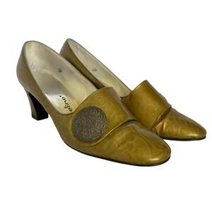 1960s Jacqueline Patent Olive Green Block Heels Button Accent Vintage Pumps Sz 7